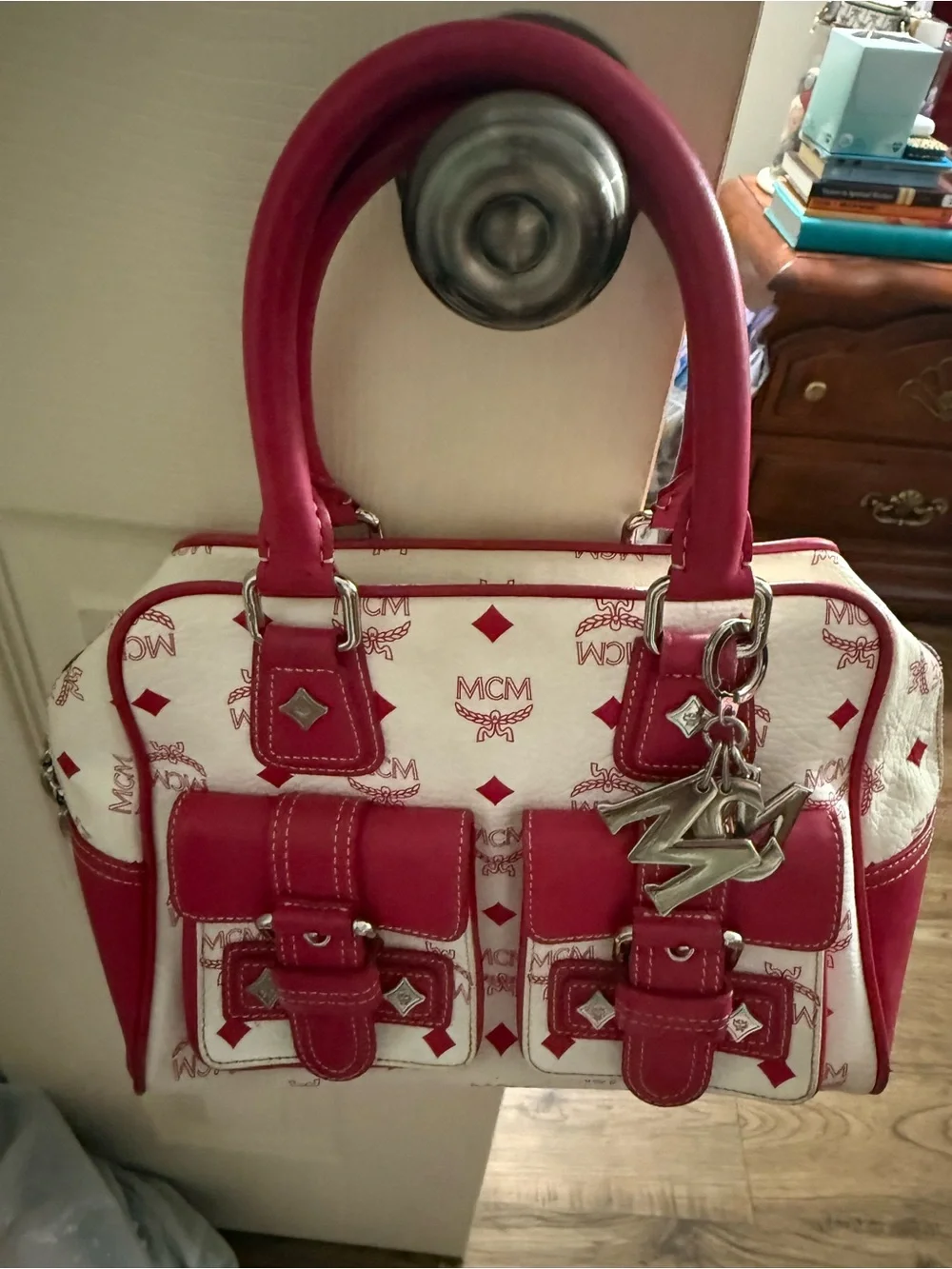 MCM White and Pink Logo Pocket Satchel with Charm - Picture 1 of 5